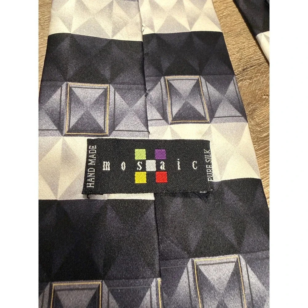 Mosaic Mens Silk Necktie Black White Grey Geometric 3D Pyramid Stripe Handmade